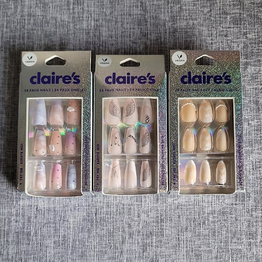 3 Packs of Claires Glue On Nails Rhinestones Pink Cream New
